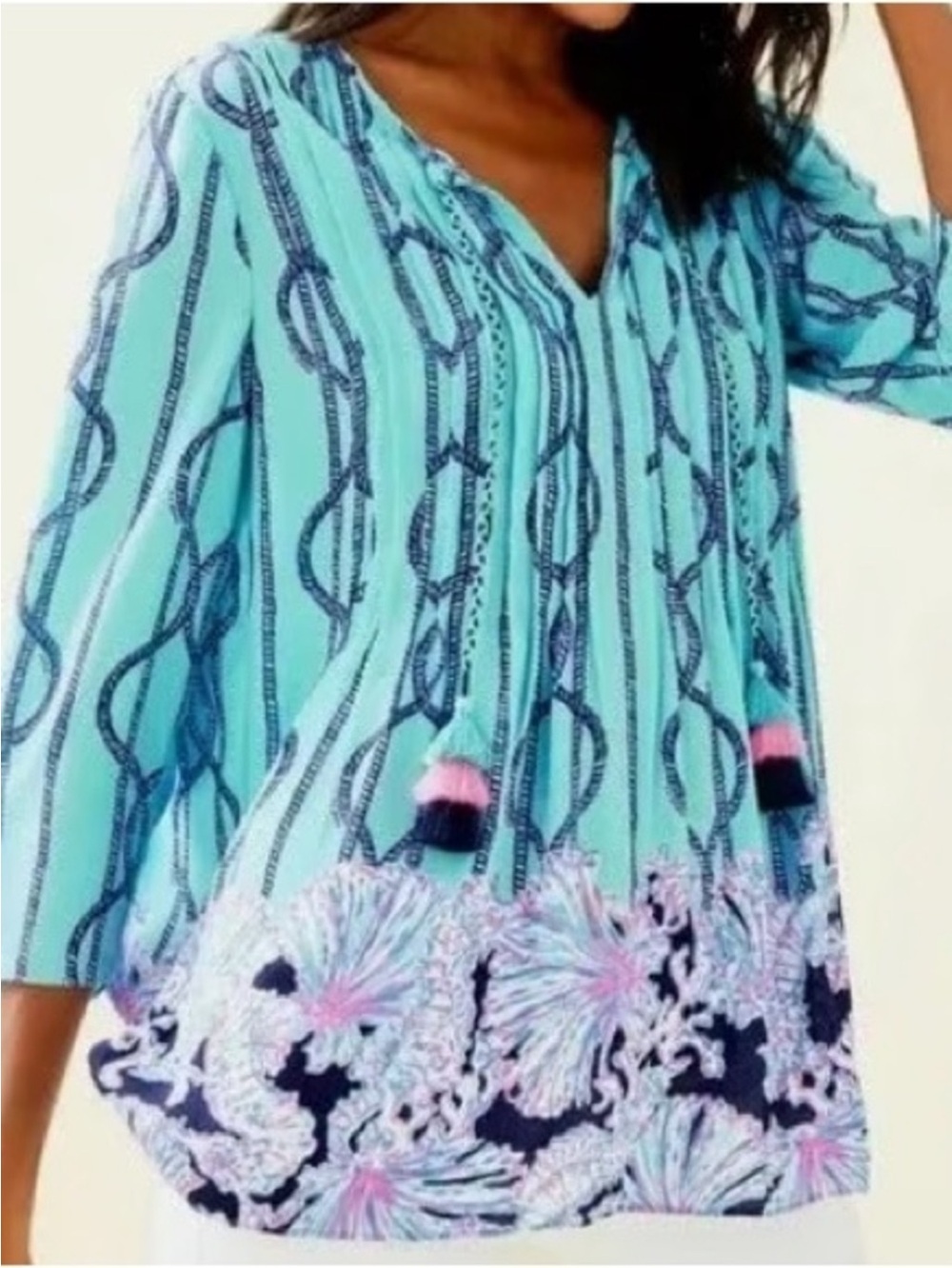 NEW Lilly Pulitzer Marilina Tunic Light Aqua A Frayed Knot Top
Blouse Tassels